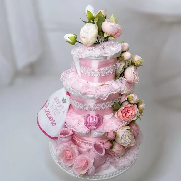 Pink Floral Diaper Cake, Peonies Diaper Cake